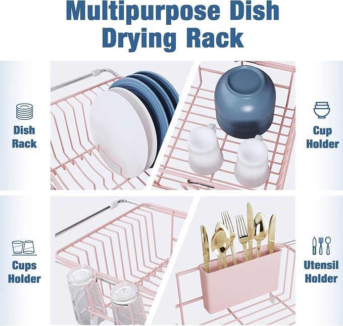 JASIWAY Pink Dish Drying Rack in Sink with Drainboard and Utensil Holder | Use Over the Sink or Counter, Stainless Steel Expandable Dish Drainer for Small Kitchen, Space Saving, Fast Drain, Rustproof
