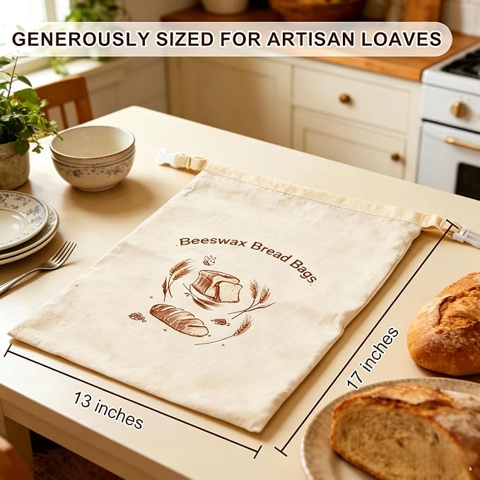 Beeswax Bread Bags 2 Pack, XL 13x17 In, Keep Homemade Sourdough Fresh | WSYDKNS Keep sourdough fresh longer, reusable linen cotton, beeswax lining, easy cold water wash, fit homemade loaf