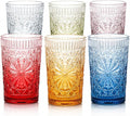 Colored Vintage Drinking Glasses Set of 6, 13 oz Gradient Embossed Highball Glasses, Textured Glass Cups Tumblers for Water, Iced Coffee, Juice & Cocktails, Dishwasher Safe(Dahlia style)