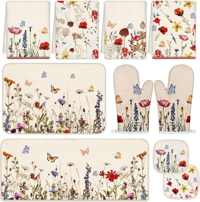 Tieshankao 10Pcs Wildflower Kitchen Decor Accessories Set | Vintage Wildflower Floral Theme, Kitchen Towels, Oven Mitts, Pot Holders, Rugs and Mats, Baking Supplies, Housewarming Gifts