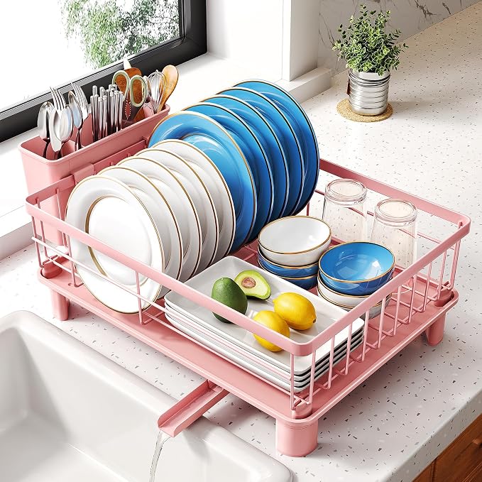 SNTD Dish Drying Rack for Small Kitchen Counter, 11" W x 15" L, Pink | Space Saving, Rotating Spout & Angled Drainboard for Quick Drainage, Stainless Steel, Removable Utensil Holder