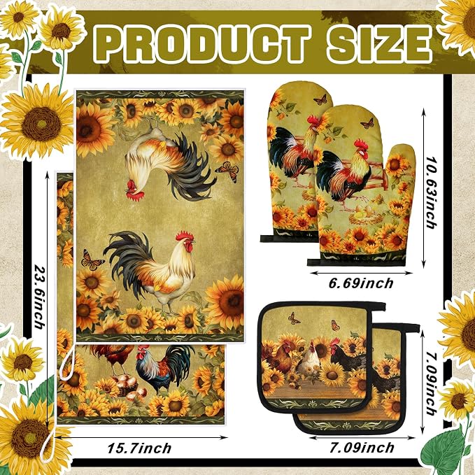 Leinuosen 6 Sunflower Rooster Farmhouse Kitchen Decor Dish Towels Oven Mitts and Pot Holders Sets Chicken Kitchen Towels Absorbent Decorative Accessories for Cooking Baking Grilling