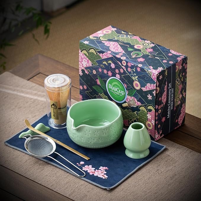 Buucup Matcha Whisk Set, Ceramic Matcha Kit with Bowl & Bamboo Tools | 7-piece set includes ceramic bowl, bamboo whisk, scoop, holder, rest, sifter and tea towel for home matcha making.