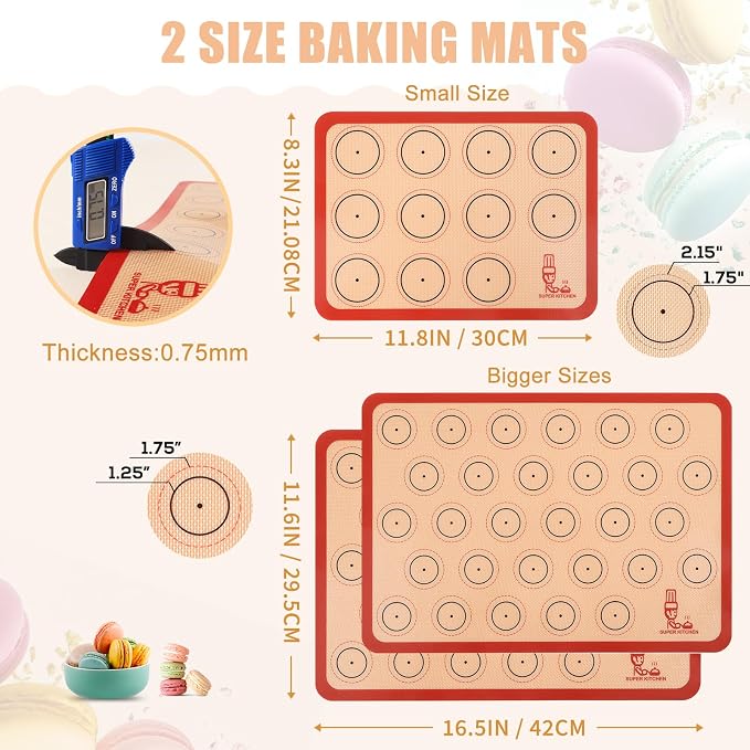 Folksy Super Kitchen Silicone Macaron Baking Mat - Set of 3 | 2 Half Sheet and 1 Quarter Sheet, Non Stick Silicon Oven Liner For Macaroons and Cookies (16.5x11.6, Red)