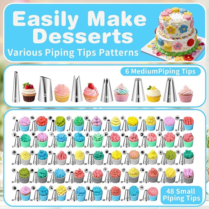 167-Piece Cake Decorating Kit, Icing Dispenser, 54 Tips, Light Blue | 100 Disposable Baking Cups, 10 Silicone Baking Cups, 2 Couplers, Instruction Manual, Stainless Steel Dispenser