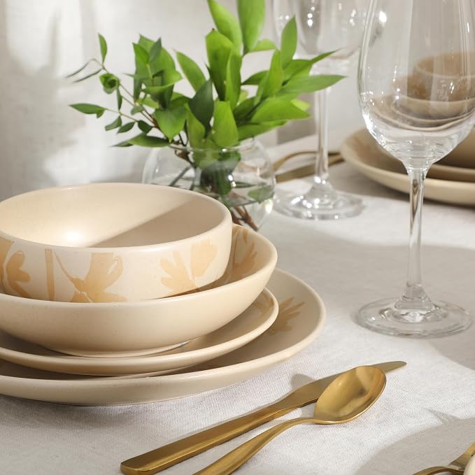 Gibson Home Admiral Hall Plates and Bowls Set, 16-Piece Floral Dinnerware Set, Cream Stoneware Dish Set, Dinner Plates, Salad Plates, Pasta Bowls & Cereal Bowls