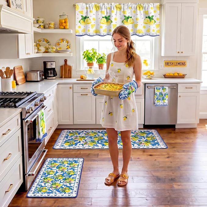 Fourluoo 16 Pcs Lemon Kitchen Decor Set 4 Summer Kitchen Towels 2 Non Slip Rugs and Mats for Floor 2 Oven Mitts Gloves 2 Pot Holders 4 Placemats 2 Curtains for Home Decoration Women Gift