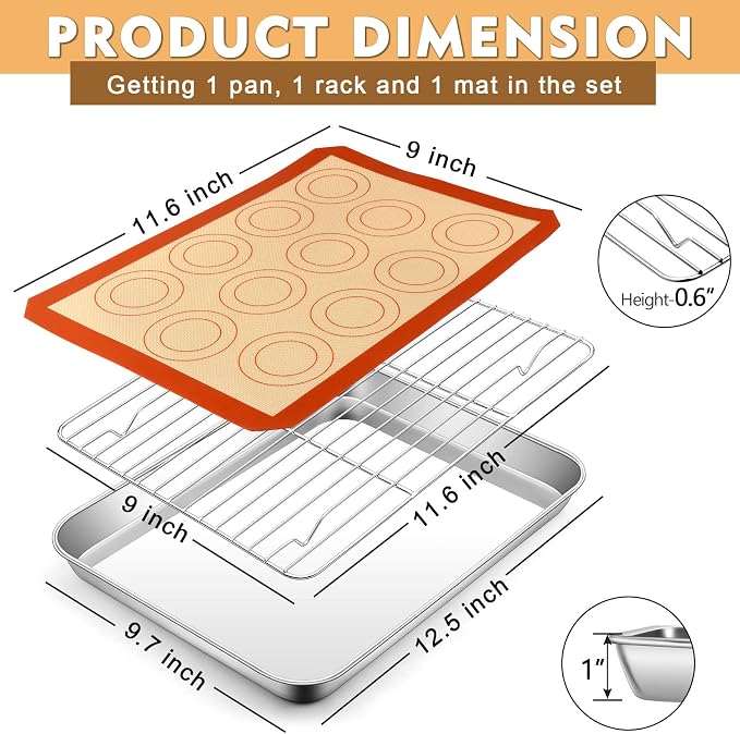 P&P CHEF 12.5 Inch Baking Sheet Pan Cooling Rack with Mat Set for Cookie | Stainless Steel Cookie Pan with Cooling Rack and Silicone Mat for Baking & Roasting, Oven & Dishwasher Safe, Easy Clean