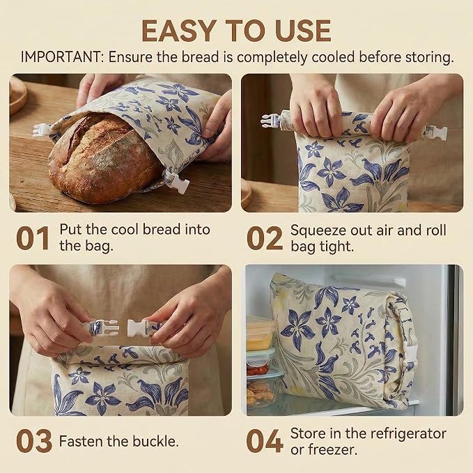 Beeswax Bread Bags for Sourdough & Homemade Bread (2 Pack) | XL 13"x17" Large Reusable Cotton & Linen Bread Bag, Keep Loaves Fresh Longer, Natural & Easy to Clean (Classic Blue Floral)