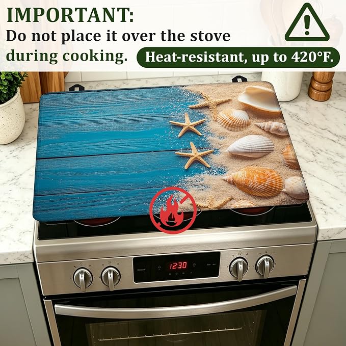 Beach Seashells Starfish Stove Top Cover Glass Cooktop Heat Resistant Cover,Ceramic Stove Top Covers Mat Prevents Scratching Stoves/Counter/Washer Protector,28.5x20.5 in