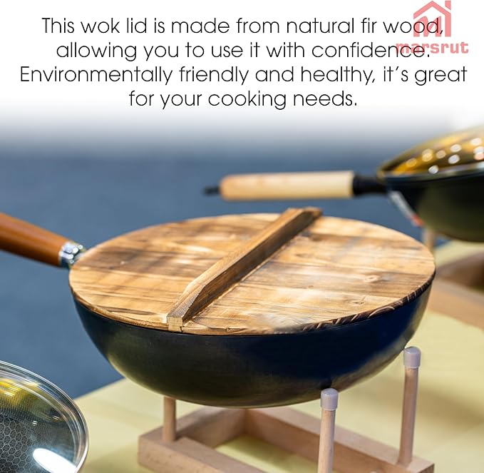Wooden Wok Lid, 26cm/10inch Diameter, Cover Lids for Pot Pan, Cast Iron Wok, with Large Handle, Natural Wood for Anti-Hot, Anti-Spillover, Stir Fry Pan, Lightweight Handcrafted Kitchen Accessory Tool