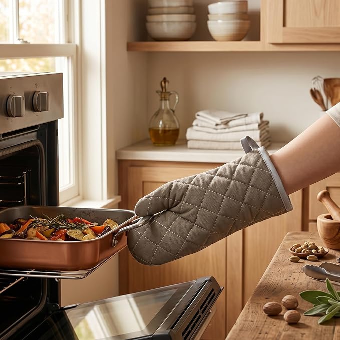 ARCLIBER Grey 12" Quilted Oven Mitts 1 Pair Heat Resistant Kitchen | Quilted Lining, 1 Pair, Heat Resistant, Classic, Cotton Blend, Cooking, Baking, Grilling, Non-Slip Grip