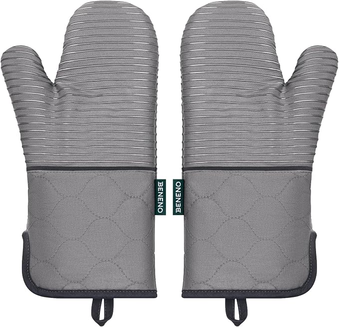 Beneno Heat Resistant 500°F Kitchen Oven Mitts 2-Pack, 7.5"x14.3", Gray | Textured Non-Slip Silicone Grip, Extra Long Forearm Protection, Soft Quilted Cotton Terry Lining, Ideal for Baking & Grilling