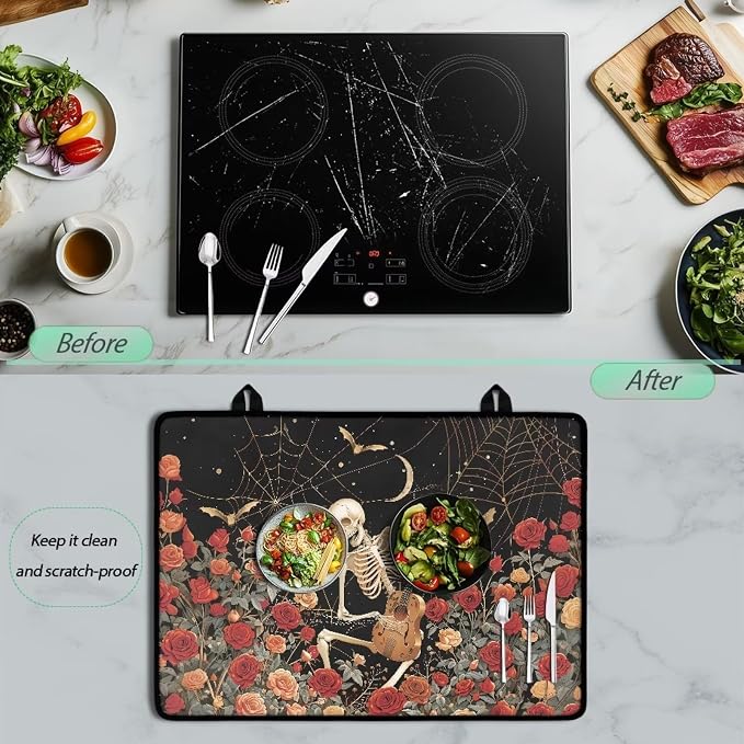 Halloween Skeleton Rose Cover for Electric Stove, Induction Cooktop Protector, Non-slip Dust-proof Dish Drying Mat, Portable tove Guard Protector, Heat Resistant Insulation Pad