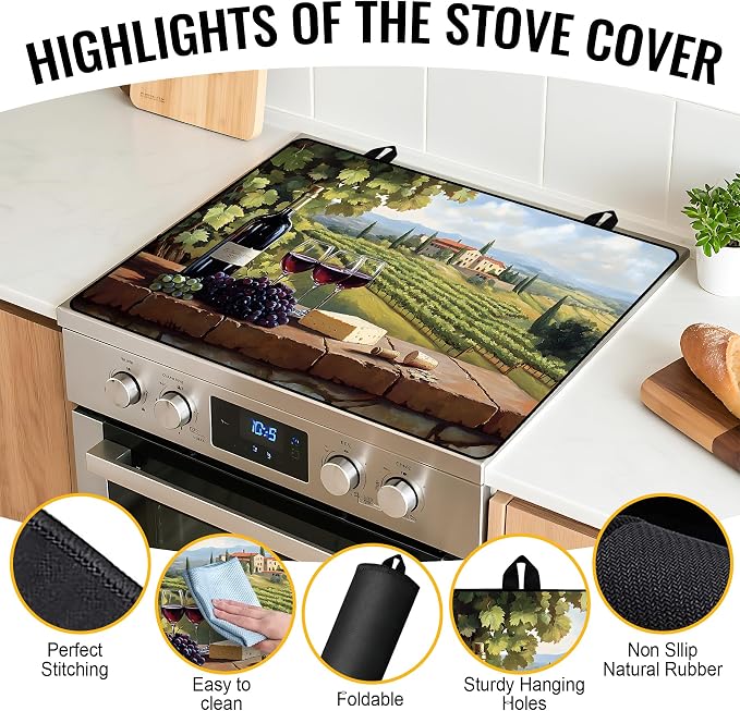 NYZE Stove Top Cover for Electric/Glass Stove, 28x20 Inch Stovetop Cover Flat Top Protector Dish Drying Mat for Kitchen (Vineyard)
