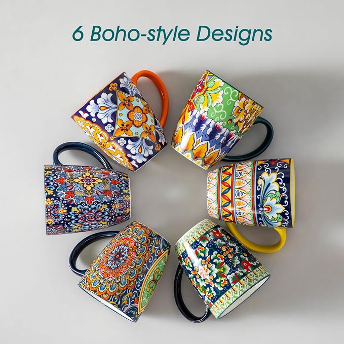 vancasso SIMI 12 oz Coffee Mugs Set of 6, Ceramic Mug with Handle, Boho | Coffee Cups for Latte, Tea, Cappuccino & Hot Chocolate, Easy-Grip Mug, Dishwasher & Microwave Safe, Bohemian Gift Set
