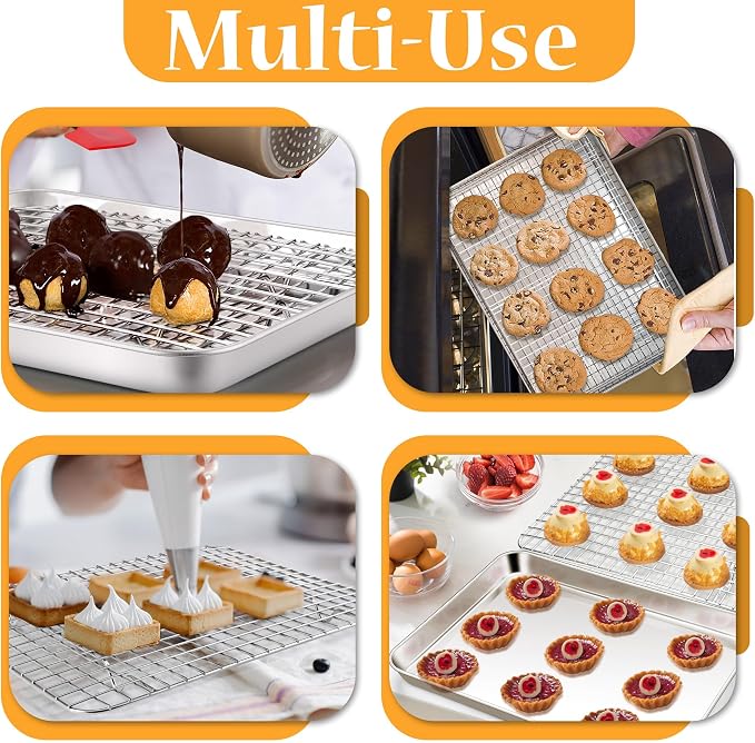 TeamFar Cookie Sheets with Cooling Racks, 2 Pans + 2 Racks, 12.5x9.5x1 Inch | Stainless Steel Cookies Sheet Baking Tray Pan with Grid Cooling Rack for Toaster Oven, Healthy & Heavy-Duty, Dishwasher Safe