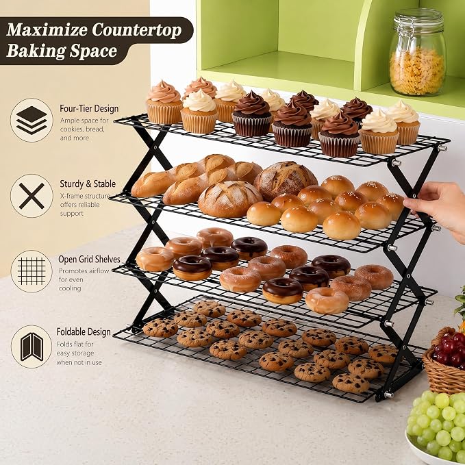 4-Tier Foldable Cooling Rack, Cooling Racks for Cooking and Baking, Baking Rack & Bread Rack for Cookies, Cakes, Breads, Space-Saving Design. (Black, 4-Tier)