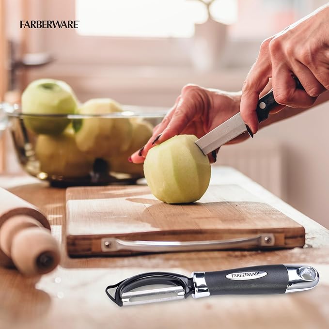 Farberware Pro2 Euro Vegetable Peeler with Swivel Blade and Built-In Bud Remover, Razor-Sharp Rust-Resistant Stainless Steel, Ergonomic Handle, Dishwasher Safe