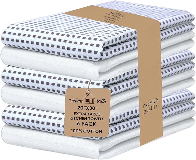 Urban Villa Kitchen Towels Cotton Dish Towels 20”x30” (Set of 6) Grey White
