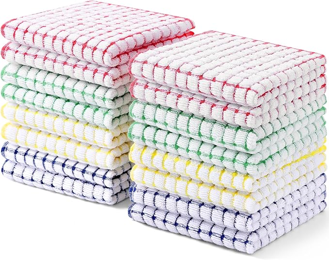 Kitinjoy Cotton 16 Pack Terry Kitchen Dish Cloths, Mixed Color | 12 x 12 Inches Super Soft and Absorbent Dish Rags, Quick Drying Dish towels for Washing Dishes