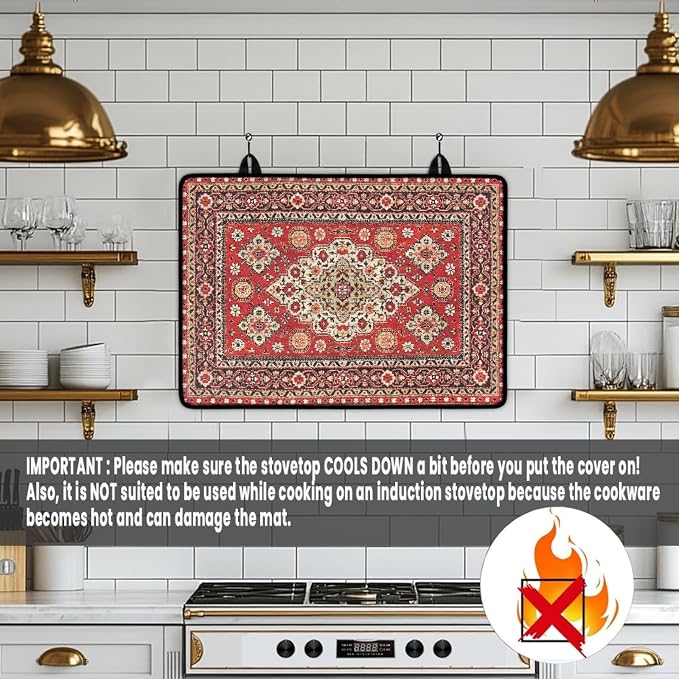 Vintage Red Boho Floral Stove Top Covers for Electric Stove, Bohemia Ethnic Style Glass Stovetop Cover with Lanyard Rug Carpet Pattern Countertop Protector Mat for Kitchen 28 x 20 Inch