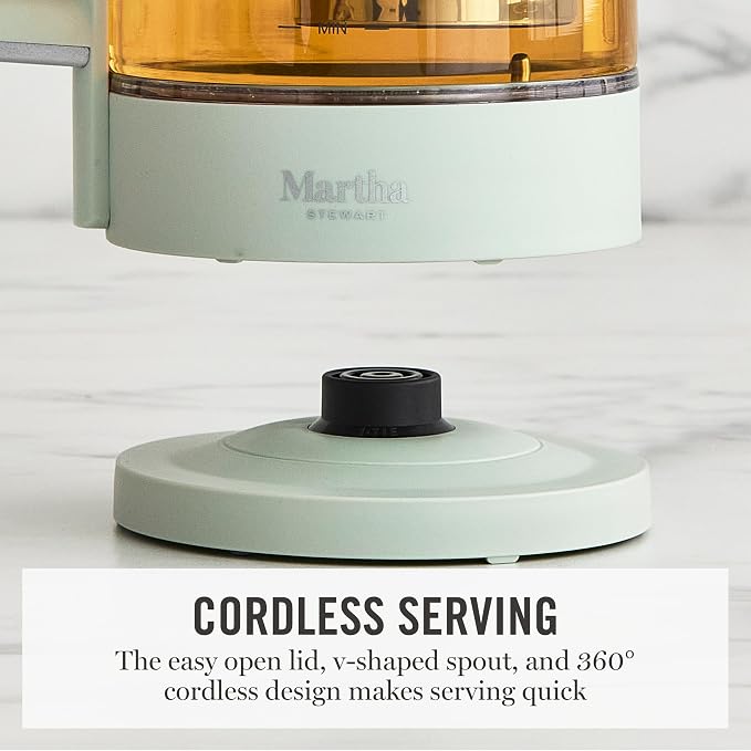 Martha Stewart 1.7L Glass Carafe Electric Kettle with Removable Tea Infuser | 7 Cups, 4 Presets, Rapid Boiling, Stainless Steel Tea Leaf Infuser, Cordless Swivel Base, Keep Warm, Auto Shut-Off, Honeydew