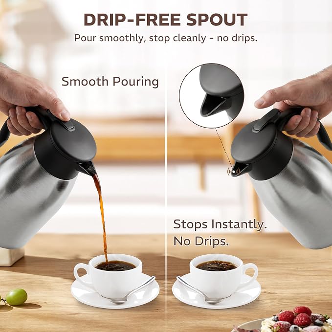 Thermal Coffee Carafe for Keeping Hot – 68OZ Insulated Camping Coffee Pot | 304 Stainless Steel Coffee Flask, Tea Pitcher for Hot Drinks Liquid Water, Insulated Beverage Dispenser for Parties