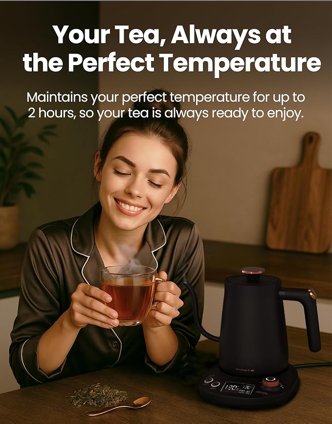 Viante Electric Gooseneck Kettle 0.8L, Pour Over Coffee & Tea, Temp Control | Boil-dry protection, keep-warm function, BPA-free stainless steel body. Includes #2 coffee filters