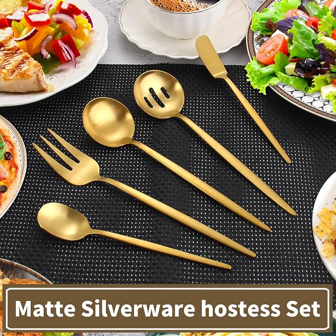 VANVRO Matte Gold Serving Silverware Set, 5-Piece Round Shared Utensils Set of Stainless Steel, Hostess Flatware Serving Set, Satin Finish, Dishwasher Safe