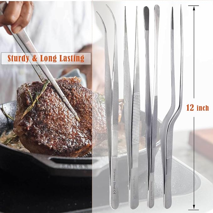 Professional Culinary Stainless Steel Precision Tongs with Serrated Tips, Plating/Food Presentation Detailing Serving Tongs, Chef's Kitchen Tweezer Tongs - Ultra Non-Slip Grip (12" 4 PCS)