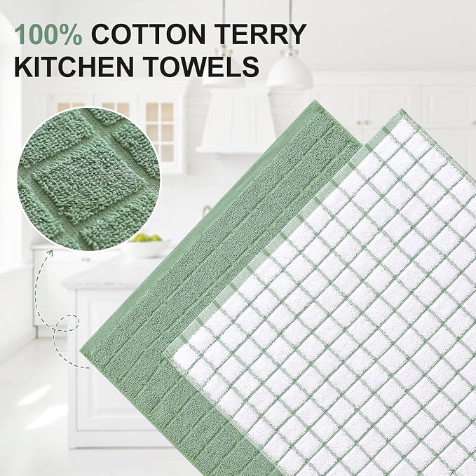 Homaxy Large Premium Cotton Kitchen Towels 16"x 28", 12 Pack, Grass Green | Natural Ring Spun 390 GSM Dish Towels, Super Absorbent Terry Kitchen Hand Towels, Soft Tea Towels with Hanging Loop