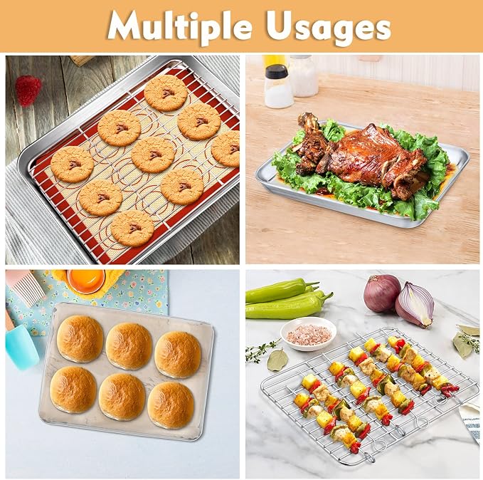 P&P CHEF 9 Inch Baking Sheet Pan Cooling Rack with Mat Set for Cookie | Stainless Steel Cookie Pan with Cooling Rack and Silicone Mat for Baking & Roasting, Oven & Dishwasher Safe, Easy Clean