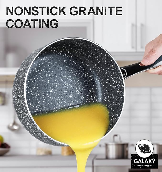 MICHELANGELO Sauce Pan with Lid, 1 Quart Saucepan with Lid Granite, Non Stick Sauce Pan with Stainless Steel Handle, 1 Qt Saucepan with Nonstick Coating, Grey