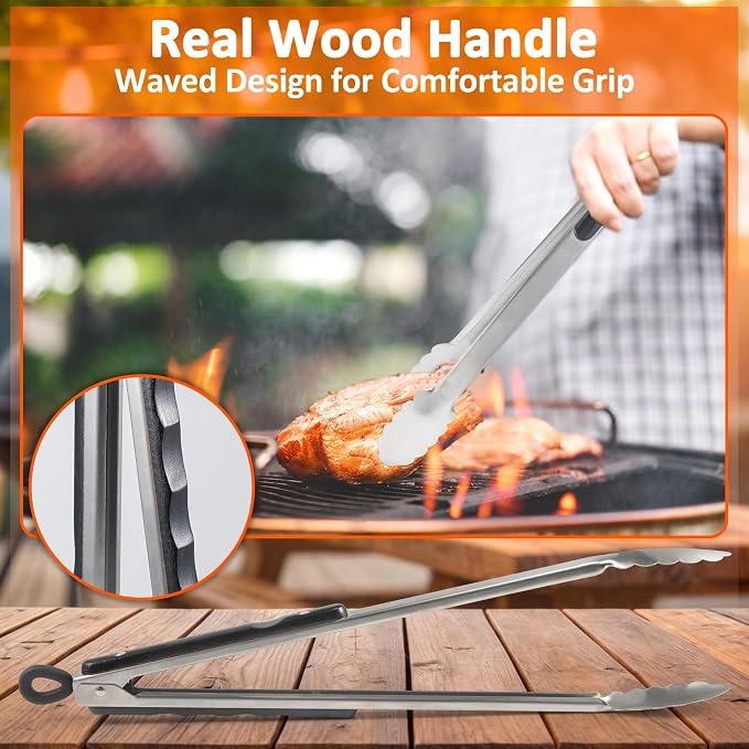 17-Inch Long Wood-Handled Stainless Steel BBQ Grill Tongs