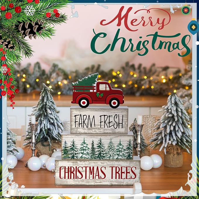 Lineshading 4 Pcs Wooden Christmas Blocks Red Truck Farmhouse Decor | Farm Fresh Tiered Tray Signs, Christmas Trees Design, Rustic Tabletop Decor for Holiday, Vintage Red Truck Topper
