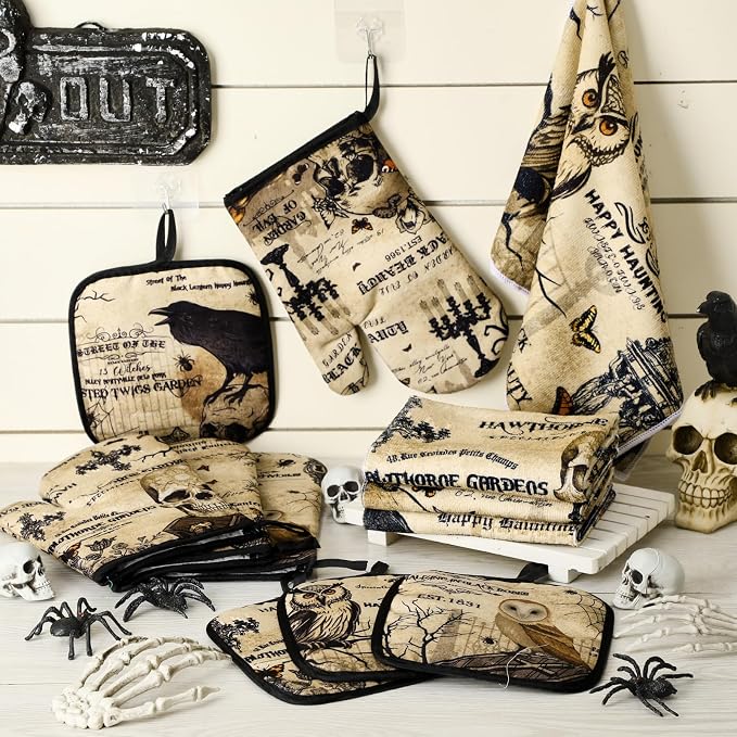 SiliFine 12 Pcs Halloween Gothic Kitchen Accessories Set Gothic Skull Oven Mitts Raven Pot Holders Owl Kitchen Towels for Halloween Home Decorations, Cooking Baking Gifts