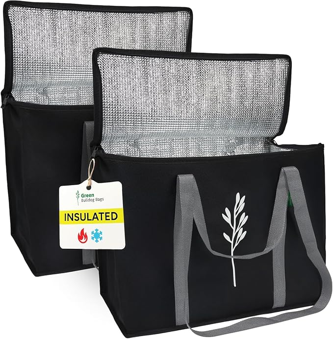 Green Bulldog 2Pack Insulated Grocery Bags – Foldable Reusable Cooler Bags with Handles for Everyday Use, Groceries, Food Delivery, and Shopping – 16”x9”x13”, Black