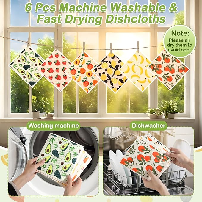 Lucomb Swedish Dish Cloths for Kitchen | 6-Pack Super Absorbent Washable Cleaning Cloths Reusable Paper Towels| Quick-Drying Sponge Wipes No Odor for Party Home Housewarming Kitchen Cleaning