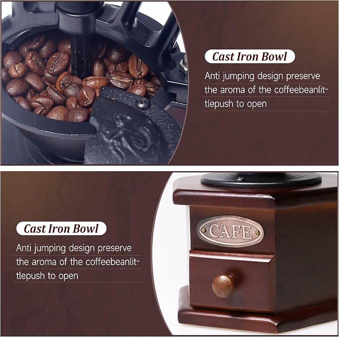 Manual Coffee Grinder Vintage Wooden Coffee Bean Grinder Hand Grinder Roller Antique Coffee Mill for Making Mesh Coffee Classic French Press for Decoration (Hexagon)