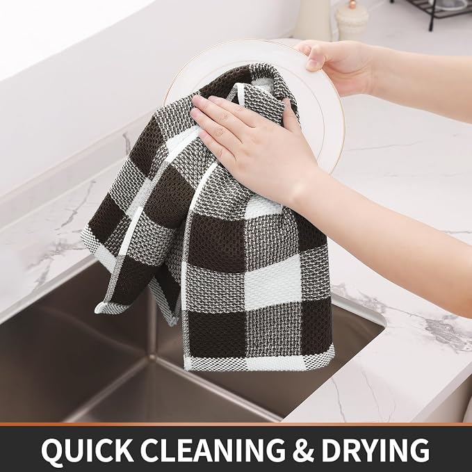 Homaxy Kitchen Towels and Dishcloths Set, Set of 12, White & Dark Brown | Bulk Cotton Waffle Weave Check Plaid Kitchen Towels, Super Soft and Absorbent Dish Cloths, 12 x 12 and 13 x 28 Inches