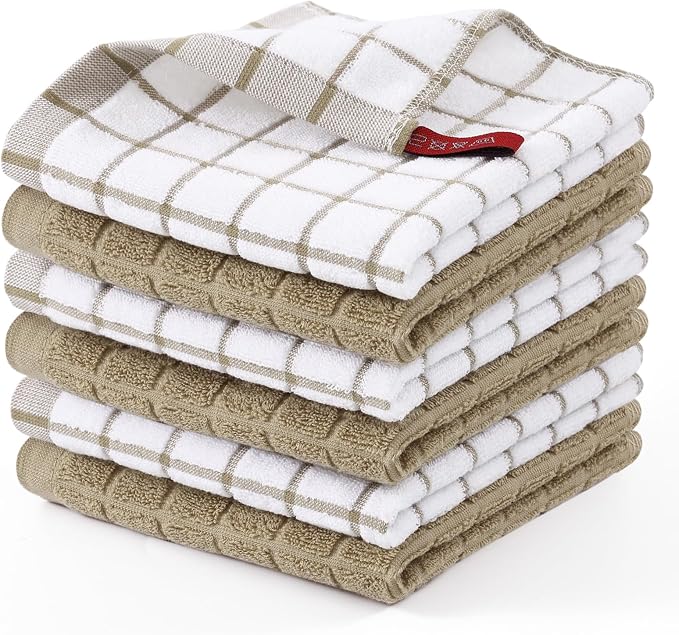 Homaxy Premium Cotton Kitchen Dish Cloths 12"x 12", 6 Pack, Tan | Natural Ring Spun 390 GSM Dish Rags, Super Absorbent Terry Dish Towels, Soft Dishcloths with Hanging Loop
