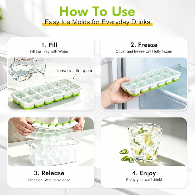 Ice Cube Tray with Lid and Bin - 4 Pack Molds Space-Saving Ice Bucket Kit | Stackable Silicone Trays for Freezer, for Whiskey, Cocktails, Coffee, Juice, Soda, Kitchen & RV