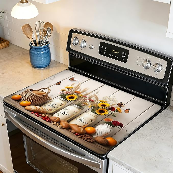 Farmhouse Flowers Stove Top Covers for Electric Stove,Rustic Bread Food Glass Top Stove Cover, Heat Resistant Range Covers for Electric Stove,Washable Countertop Mat, 28 x 20 Inch