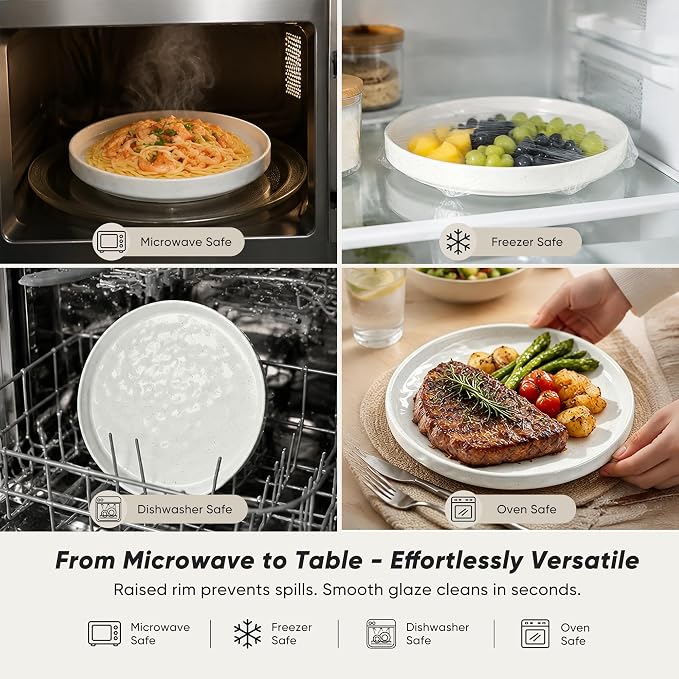 E-far Stoneware Dinnerware Set, 12-Piece White Plates and Bowls Sets for 4 | Modern Ripple Design Dishes Set for Kitchen Dining, Chip & Scratch Resistant, Microwave & Dishwasher Safe, Speckled White