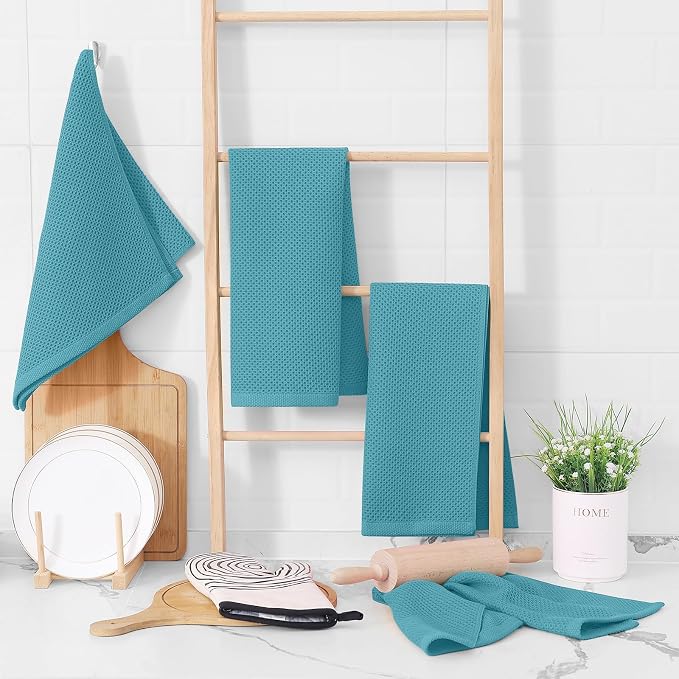 Homaxy 100% Cotton Waffle Weave Kitchen Dish Towels 12-Pack, Lake Blue | 13 x 28 Inches, Ultra Soft Absorbent Dish Towels, Quick Drying Cleaning Towels