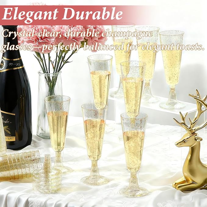 GuanQiao 100 Pack Plastic Champagne Flutes, 5.5 OZ Disposable Plastic Champagne Glasses with Gold Glitter, Wine Glasses Cups for Wedding Celebration Party Wine Tasting New Years Eve Supplies