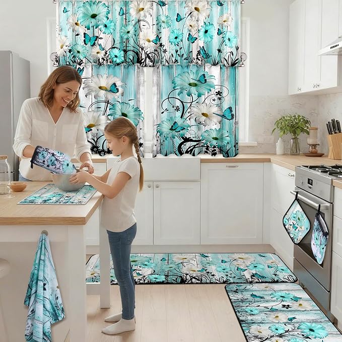 13 Pcs Farmhouse Teal Daisy Kitchen Decor Set 3 Turquoise Kitchen Curtains Valance 2 Rugs and Mats 4 Hand Towels 2 Pot Holders 2 Oven Mitts for Home Decor Cooking Grilling Housewarming Gift