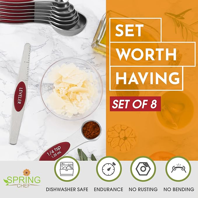 Spring Chef Stainless Steel Magnetic Measuring Spoons Set of 8, Red | Dual Sided Metal Teaspoon & Tablespoon Measuring Spoons with Leveler for Dry & Liquid Ingredients, Fits in Kitchen Spice Jars