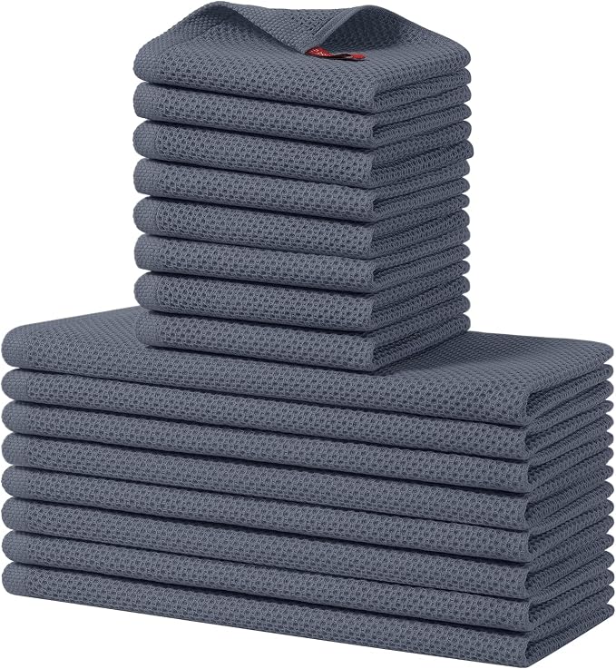 Homaxy 16 Pack 100% Cotton Kitchen Towels and Dishcloths Set, Dark Grey | 12 x 12 Inches and 13 x 28 Inches Kitchen Towels Set, Ultra Soft Absorbent Dish Cloths for Washing Dishes